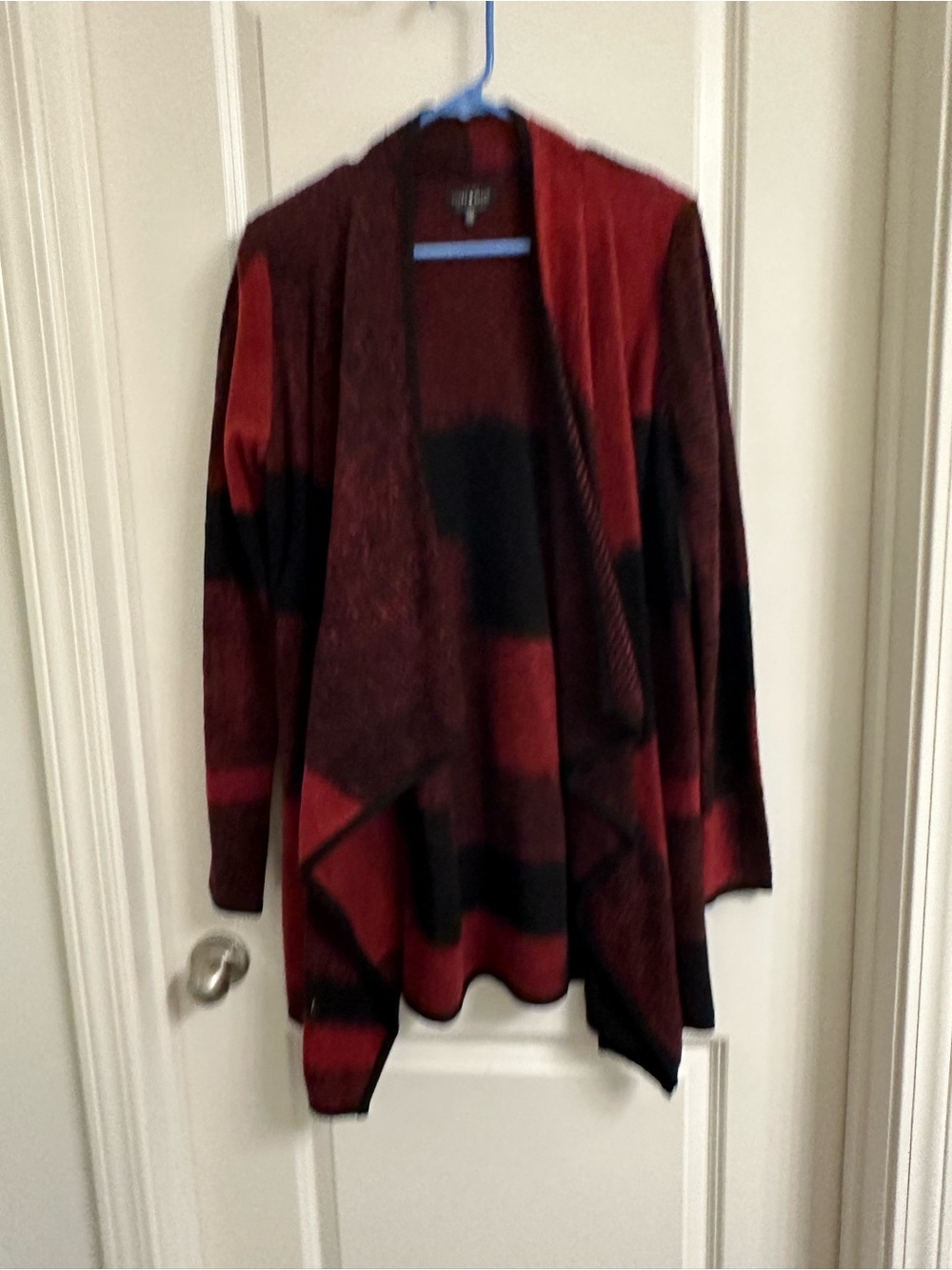 Lucky Brand Open-Front Draped Cardigan in Red and Black Stripes